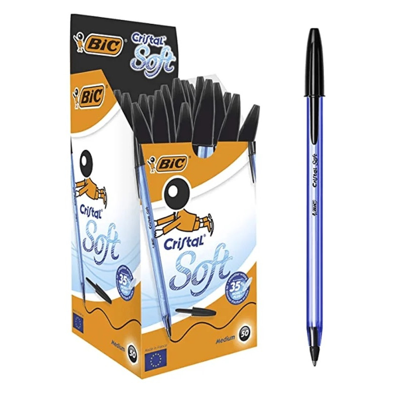 boite-de-50-stylo-bic-cristal-soft-noir Stylo à bille BIC Cristal Soft Noir – Image 1