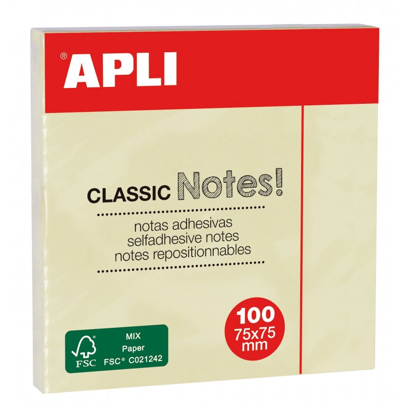 bloc-notes-adhesif-75×75-mm-apli-10975 Sticky Notes Adhésives 100 Jaune APLI – Image 1