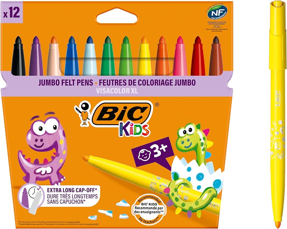 Carton de 12 Feutres de Coloriage à Pointe Large, Lavables, Couleurs Assorties BIC Kids Visacolor XL