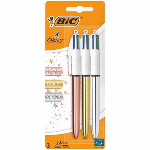Blister-3-BIC-4-Couleurs-Stylos-Metallises-OrRose-ShineArgente-ShineDore-Papel-tunisie Blister de 3 Stylos Bille BIC 4 Couleurs Shine Pointe Moyenne (1,0 mm) – Image 1