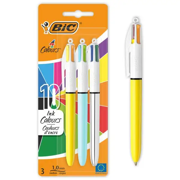 Blister de 3 Stylos Bille BIC 4 Couleurs Shine, Fun et Sun – Pointe Moyenne (1,0 mm) – Image 1