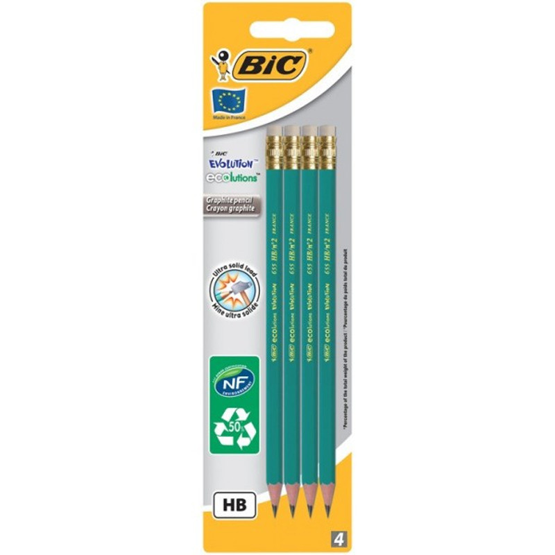 pack-de-4-crayons-noir-bic-655hb Pochette de 4 Crayons Noir HB Avec Gomme BIC – Image 1
