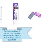 Pack tableau blanc 2 en1  50*70 + Pochette marqueurs + Chiffon + Boite de 10 bâtons craie blanche GRATUIT